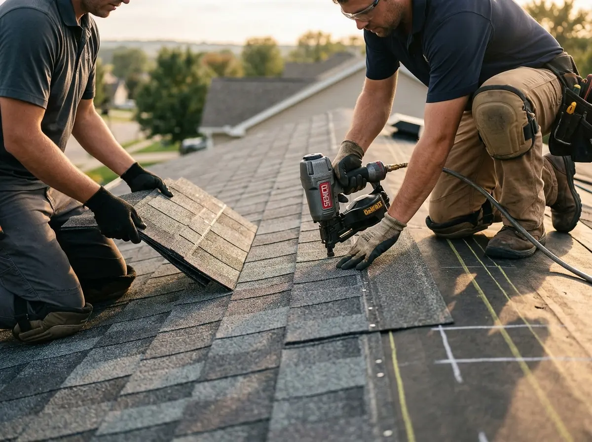 Professional roofer working on a residential roof in Shirley